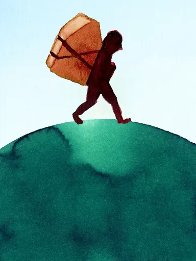 Illustratie van een man die over de wereld loopt met een huis op zijn rug.