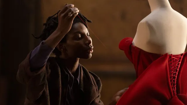 Michaela Coel werkend aan een jurk in Mother Mary