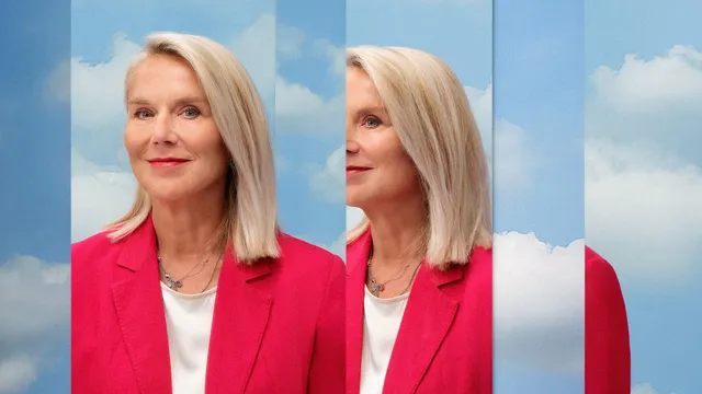 Sigrid Kaag vanuit drie perspectieven te zien voor een achtergrond die bestaat uit blauwe lucht en wolken.