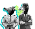 Een collage van twee mannen in pak met als hoofd een paard en een eend, ze zijn duidelijk zeer irritant, en kwetteren er op los.