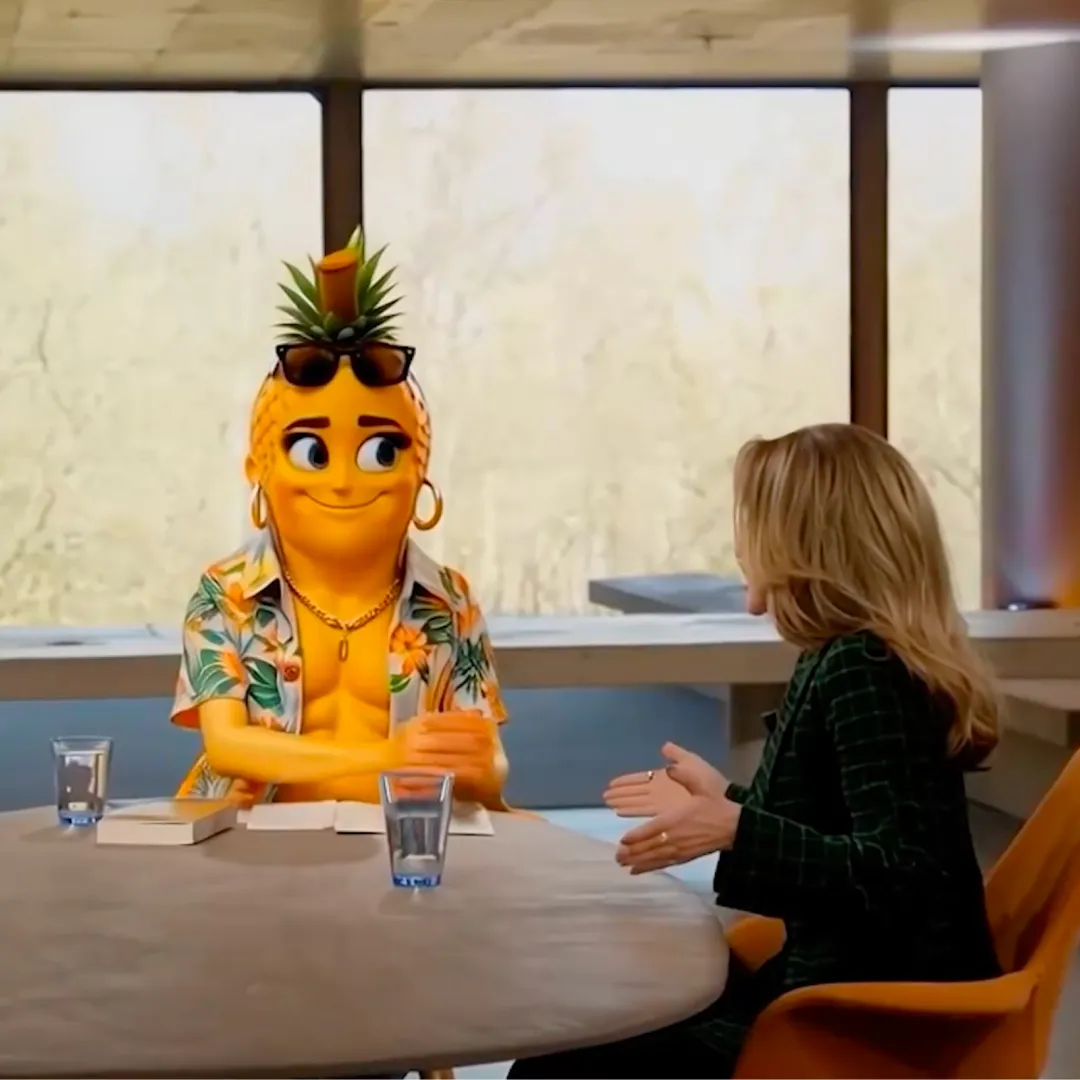 Ze zitten aan de buitenhof tafel en een van de mensen is omgezet naar een AI gegeneerde versie van een annanas.