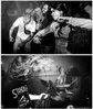 Twee foto's van een punkconcert waar mensen uit hun dak gaan