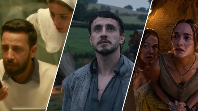 Collage van beelden uit de films The Voice of Hind Rajab, Hamnet en Primate