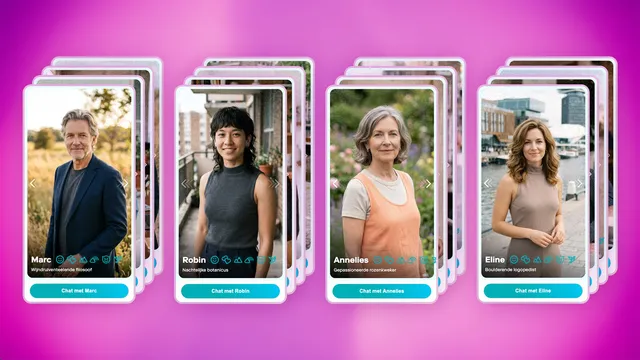 Vier profielkaarten van een datingapp op een roze-paarse achtergrond, elk weergegeven als een stapel smartphoneschermen. Van links naar rechts: Marc (wijndruiventeelende filosoof), Robin (nachtelijke botanicus), Annelies (gepassioneerde rozenkweker) en Eline (boulderende logopedist). Elke kaart toont een portretfoto, de naam, een korte omschrijving en een turquoise knop met "Chat met [naam]".