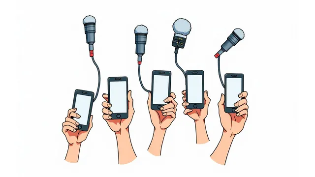 Vijf smartphones met verschillende microfoons gericht op een spreker buiten beeld