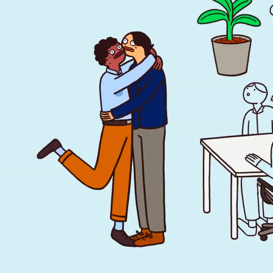 Een getekende plaatje van twee mannen die elkaar ongemakkelijk een knuffel geven