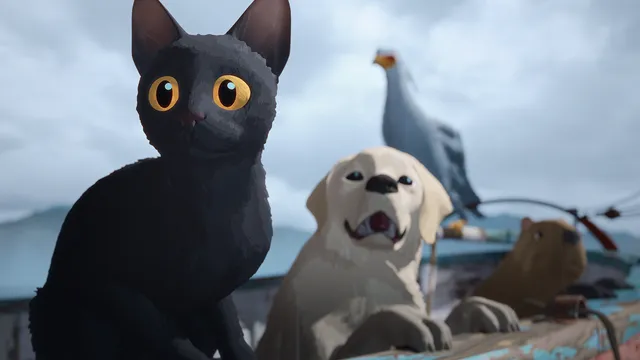 Beeld uit de animatiefilm Flow, met een aantal dieren op een klein bootje