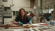 Een vrouw met blauwe handschoenen zit aan een tafel met botten, documenten en foto’s.