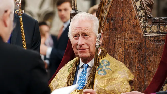King Charles III at Coronation rehearsal in Westminster Abbey.