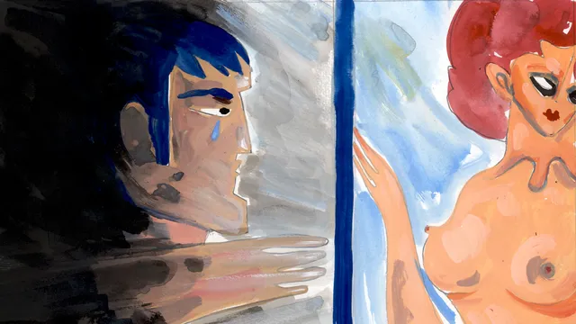 Illustratie waarop een man met een traan in zijn oog kijkt naar een beeldscherm met daarop een blote vrouw