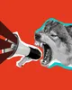 Collage van een wolf met een megafoon. Hij schreeuwt in de megafoon, wat iedereen natuurlijk super stom vindt.