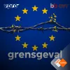 Podcasttegel Grensgeval, op de achtergrond zie je de Europese vlag met prikkeldraad ervoor