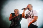 Joey Starr (Didier) and Kool Shen (Bruno) (R) of French rap group NTM perform during a concert on September 18, 2008 at the Paris Bercy hall.