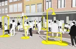 Een architectuurillustratie van een levendige winkelstraat met hoge bakstenen gevels. Tussen de wandelende mensen staan felgele straatmeubels die lantaarnpalen combineren met zitbanken, tafeltjes en speeltoestellen. Mensen zitten, praten, wandelen en spelen. De omgeving is grotendeels in zwart-wit getekend, waardoor de gele objecten opvallen.