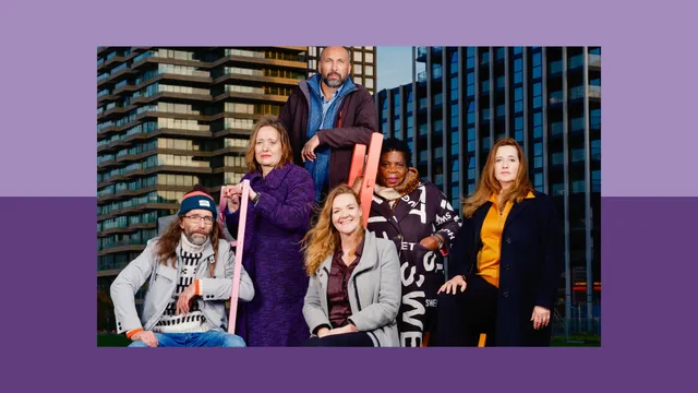 Portretfoto met Dennis van den Burg, Suzanne Raes, Mendes Stengs, Manon van der Sluijs, Carmelita Dors en Ester Gould