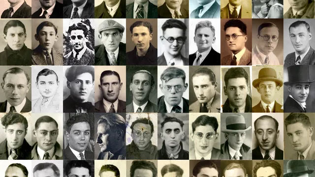Collage portretfoto's van de opgepakte mannen tijdens de razzia’s van 22 en 23 februari 1941