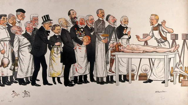 getekende (spot) prent van mannen die naar een lichaam kijken dat op een tafel ligt