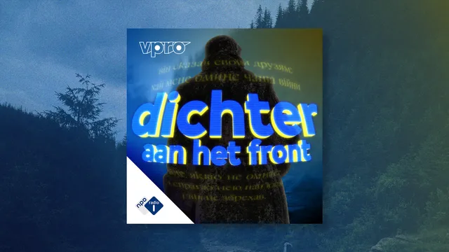 Een anonieme soldaat, omringd door Oekraïense dichtregels, gehuld in blauw en wit licht. De titel 'dichter aan het front'.